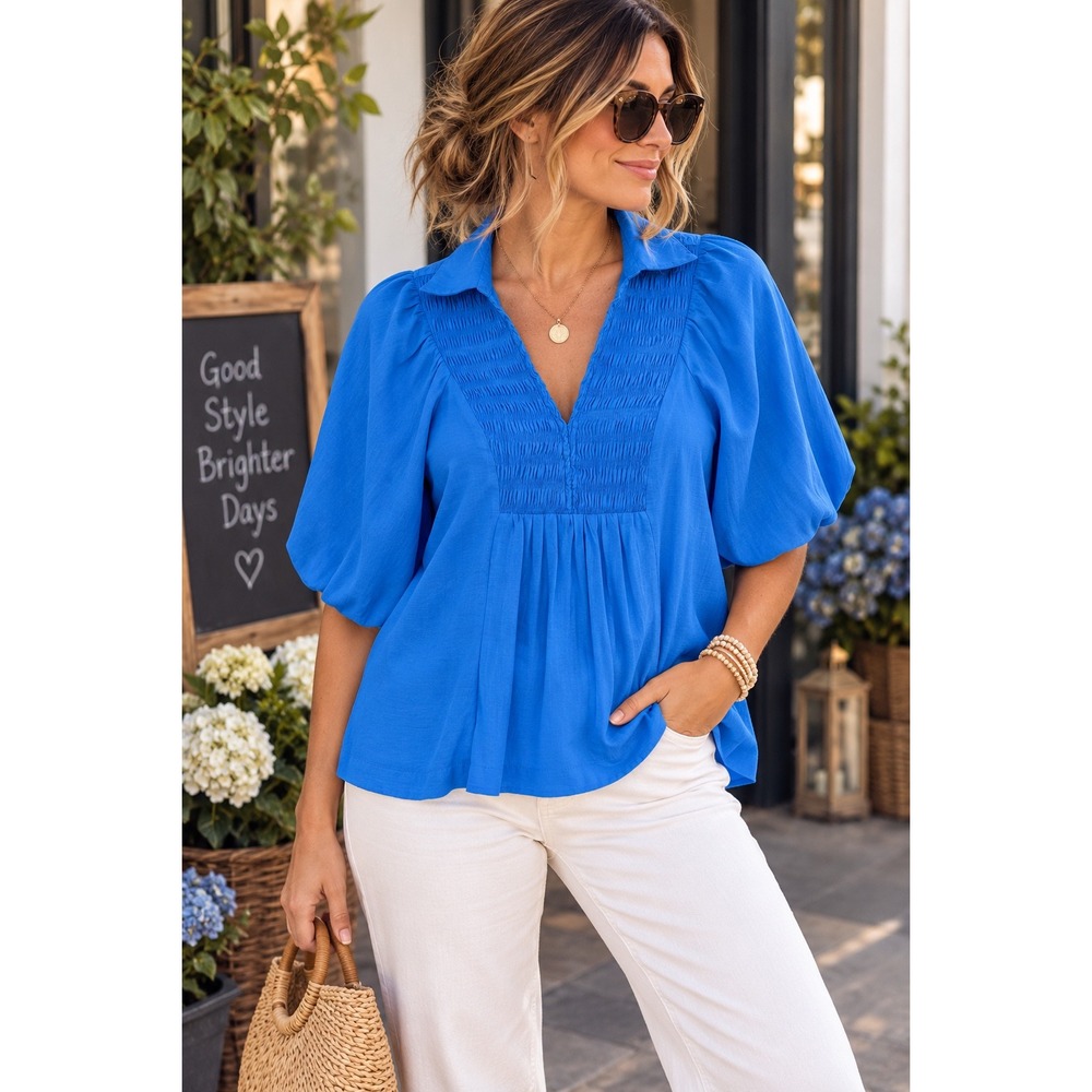Umgee Mimi Bubble Sleeve Top Ocean Blue Smocked V-Neck Blouse Large